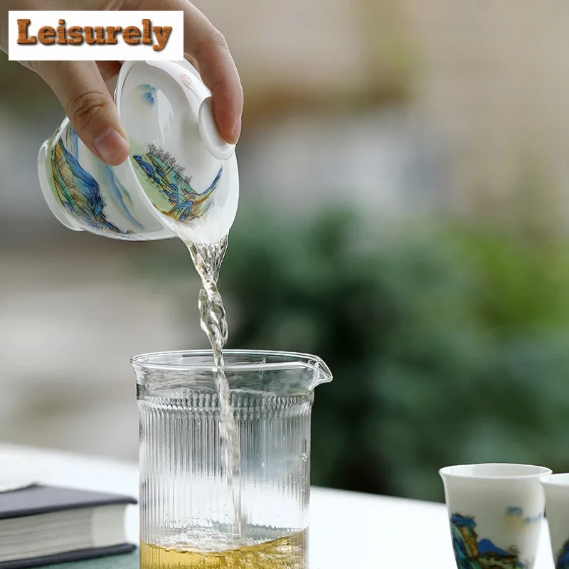 Landscape White Porcelain Cover Bowl Tea Set Complete Set Japanese Tea Ceremony Set Teapot And Tea Cup Set Cha Ornaments Gifts