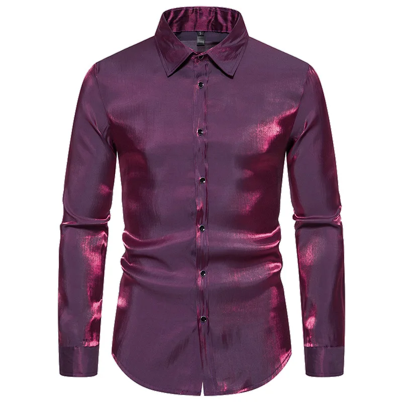 

Mens Shiny Silk Satin Dress Shirts Long Sleeve Button Up Shirt Men 70s Disco Party Shirt Male Nightclub Stage Prom Chemise Homme