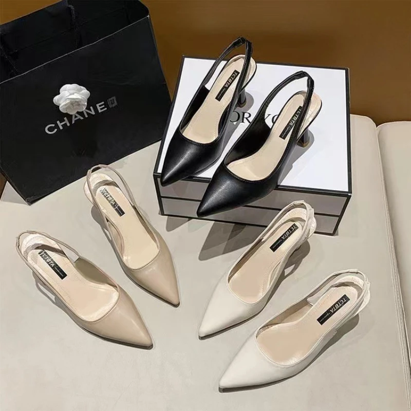 Baotou Back Empty Sandals High Heels Women's Thick Heel 2024 Spring New Pointed Toe Single Shoes Black Work Shoes High Heels 2