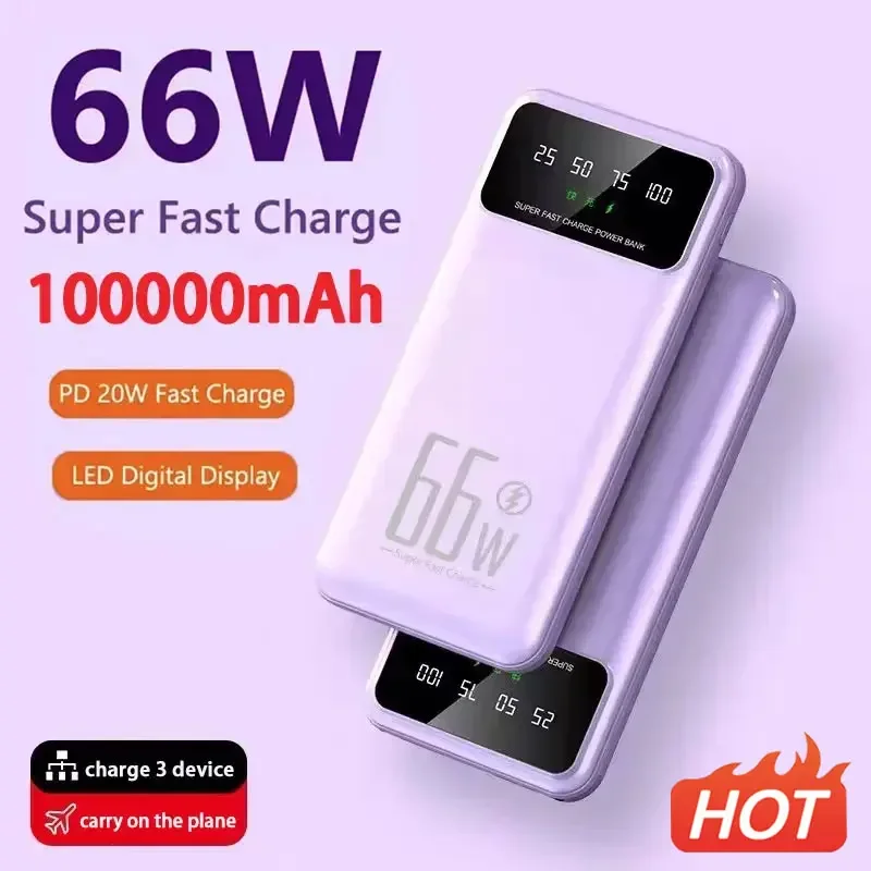 

Power Bank 100000mAh 66W Super Fast Charging for Huawei Samsung Portable EXternal Battery Charger for iPhone Xiaomi Pow