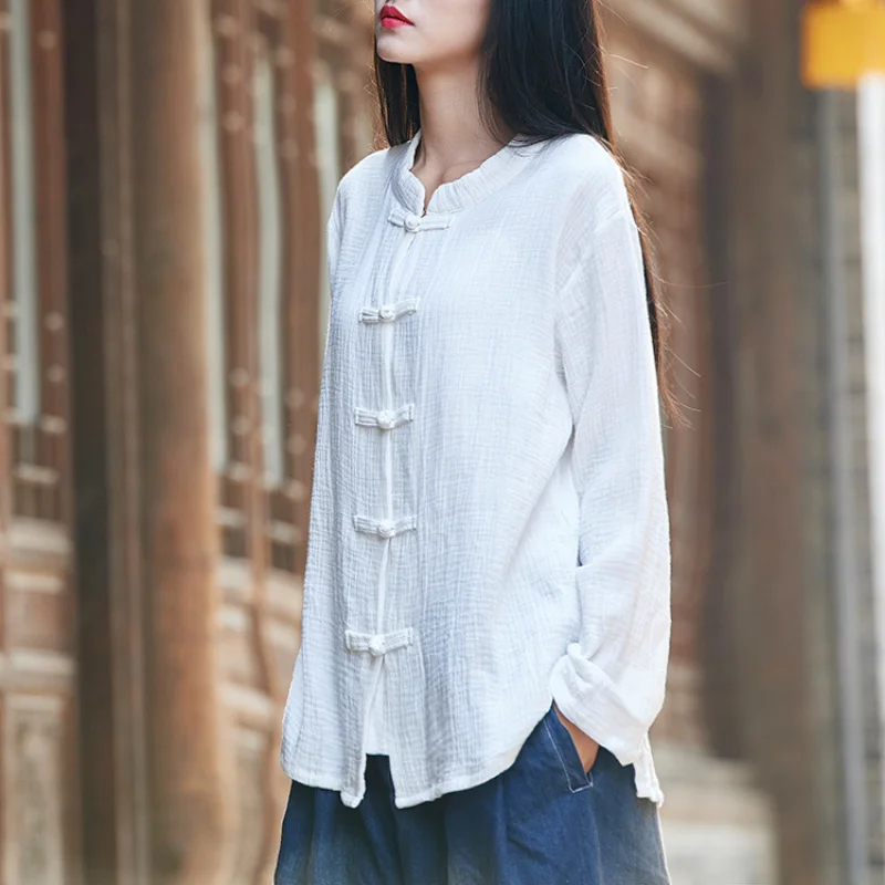 Spring Summer Cotton Linen Retro Zen Stand Collar Buckle Chinese Style Tops Vintage Cardigan Shirt Jacket Hanfu for Women