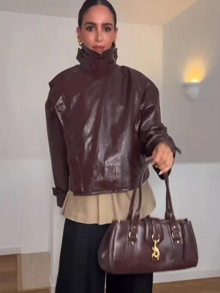 Autumn Women Faux Leather PU Jacket Casual Solid Long Sleeve Button Up Leather Coats New Fashion Female Loose Streetwear