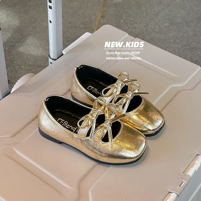 Leather Shoes Double Bow Girls Anti Slip Soft Sole Spring Autumn Outdoor PU Casual