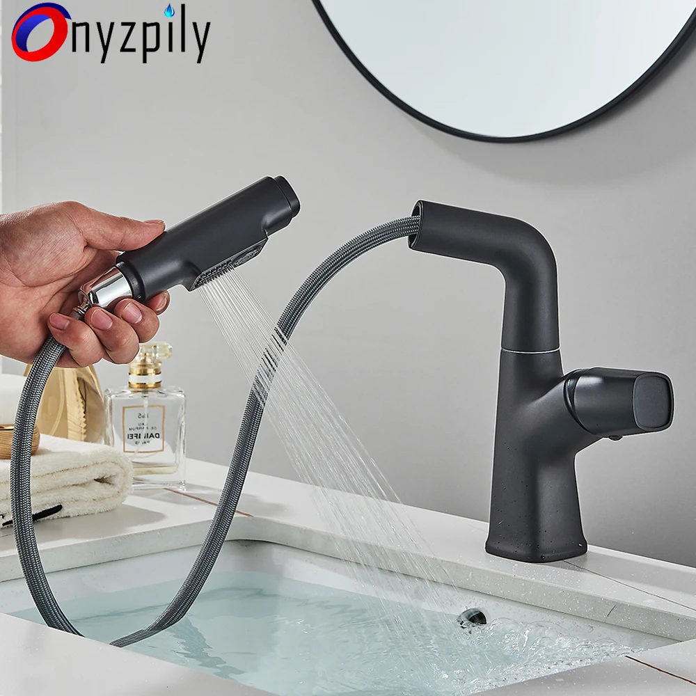 Rubinetto per lavabo nero rubinetto per miscelatore estraibile in ottone  per bagno acqua calda e fredda rotazione di 360 ° sollevare su e giù  rubinetto per lavabo da bagno