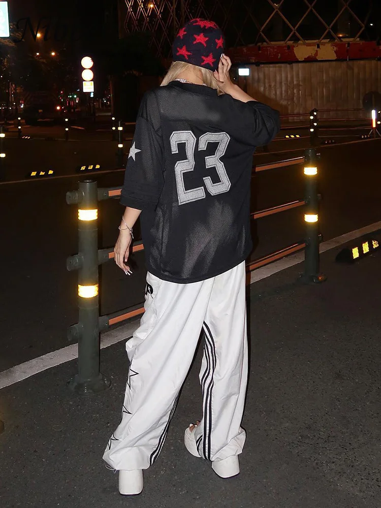 Nibber 2024 Number Print T-Shirt Woman Summer V-Neck Short Sleeve Loose Casual Comfortable Wild Party Streetwear Fashion Tops