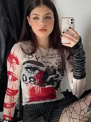 Women's Gothic Graphic Print Crop Top with Sheer Long Sleeves and Y2K Accessories - M (162cm 50kg) (Printing Crop Top)