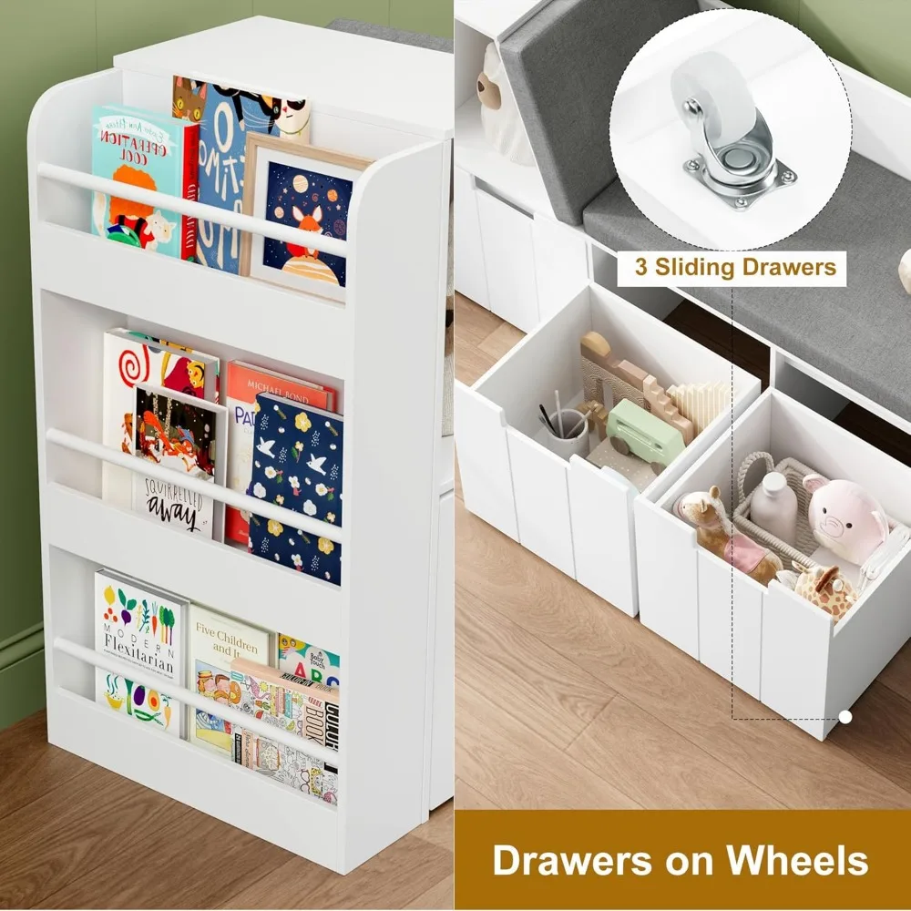 61.5" Kids Reading Nook with 3-Layer Bookshelf, Reading Nook for Kids with Double Bench and Rolling Drawers, Kids Bookshelf 5