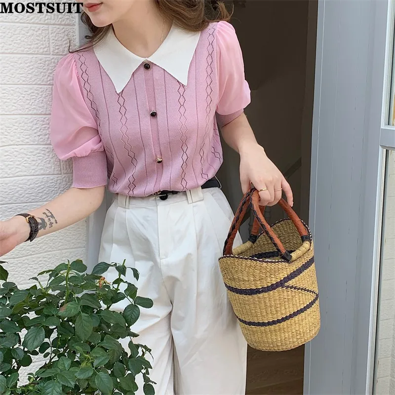 

Summer Korean Elegant Thin Knit Sweater Tshirt Women Puff Sleeve Hollow Out Knitwear Tops Workwear Fashion Ladies Pullover Jumpe