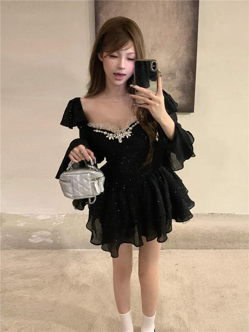 Y2K Black Short Dresses for Women Diamonds Square Collar Flare Sleeve High Waist A-line Birtheday Party Dress Prom Mini Vestidos