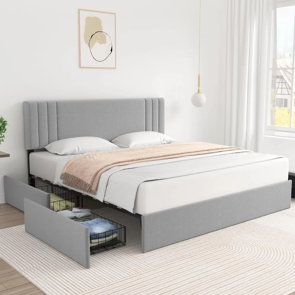 Full Size Bed Frame Upholstered Queen Bed Frame With 4 Storage Drawers and Adjustable Headboard Strong Wood Slat Support Bedroom