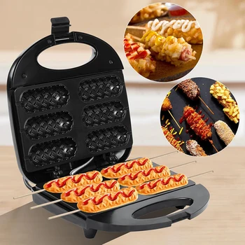 Electric Hot Dog Machine Waffle Maker 6 Corn Dogs Non-Stick Double-sided Heating Sausage Roll Maker Breakfast for Kid Party 220V 1