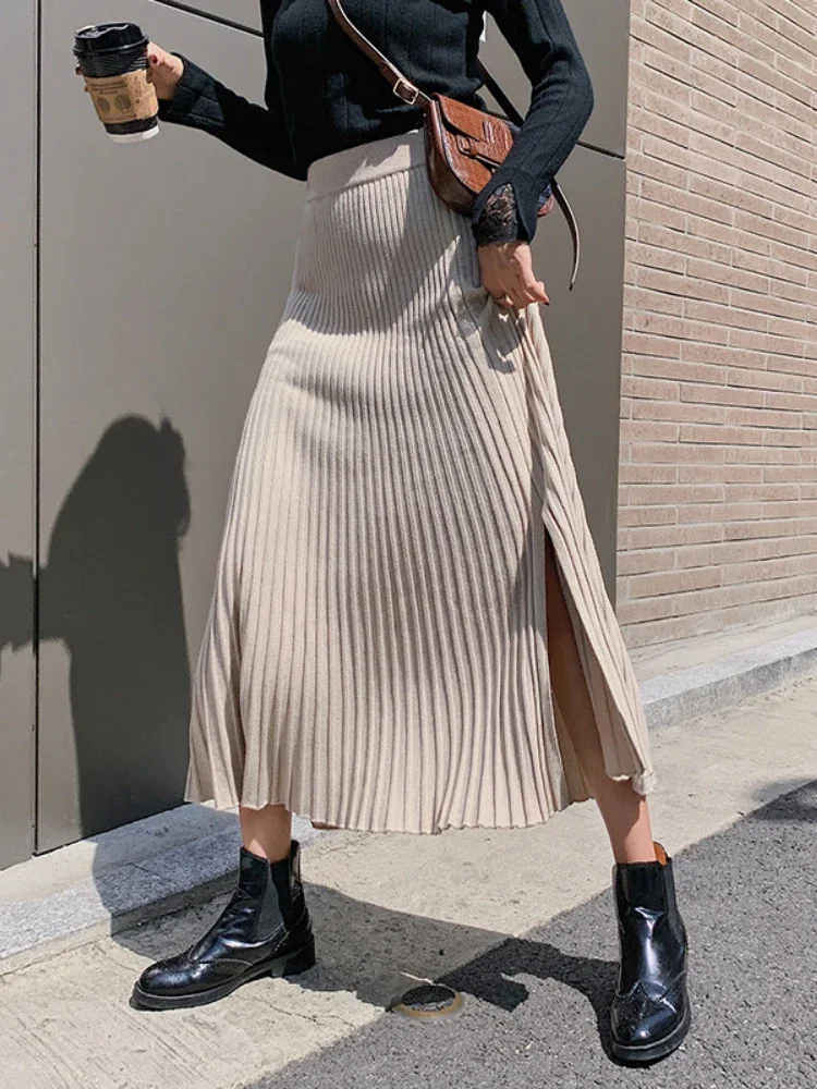 

Long Skirts for Women Fashion 2023 High Waisted Pit Stripe Thickening Skirts for Women Solid Winter New Slit Black Skirt Z581
