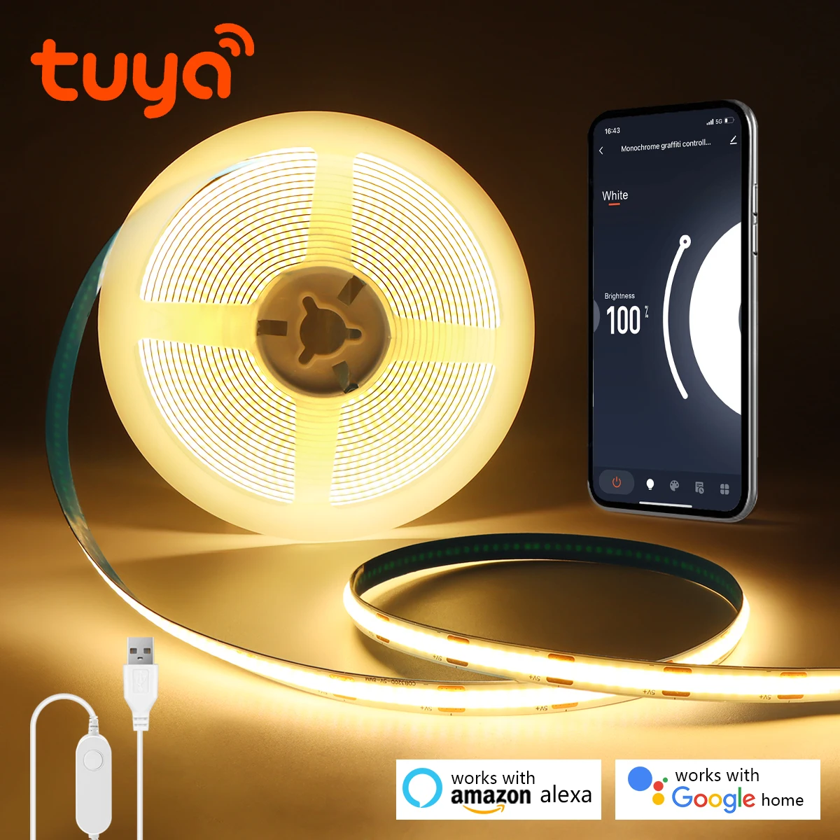 DC5V USB Tuya WiFi COB LED Strip Light App Control Dimmable Work With Alexa/Google Home Room Kitchen Cabinet Decor Lighting