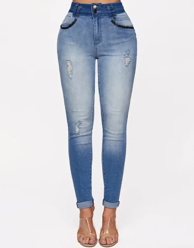 Summer Women's Fashion New Zip Fly Ombre Split Tight Jeans Fashion Women's Gradual Casual Elegant Tight Jeans