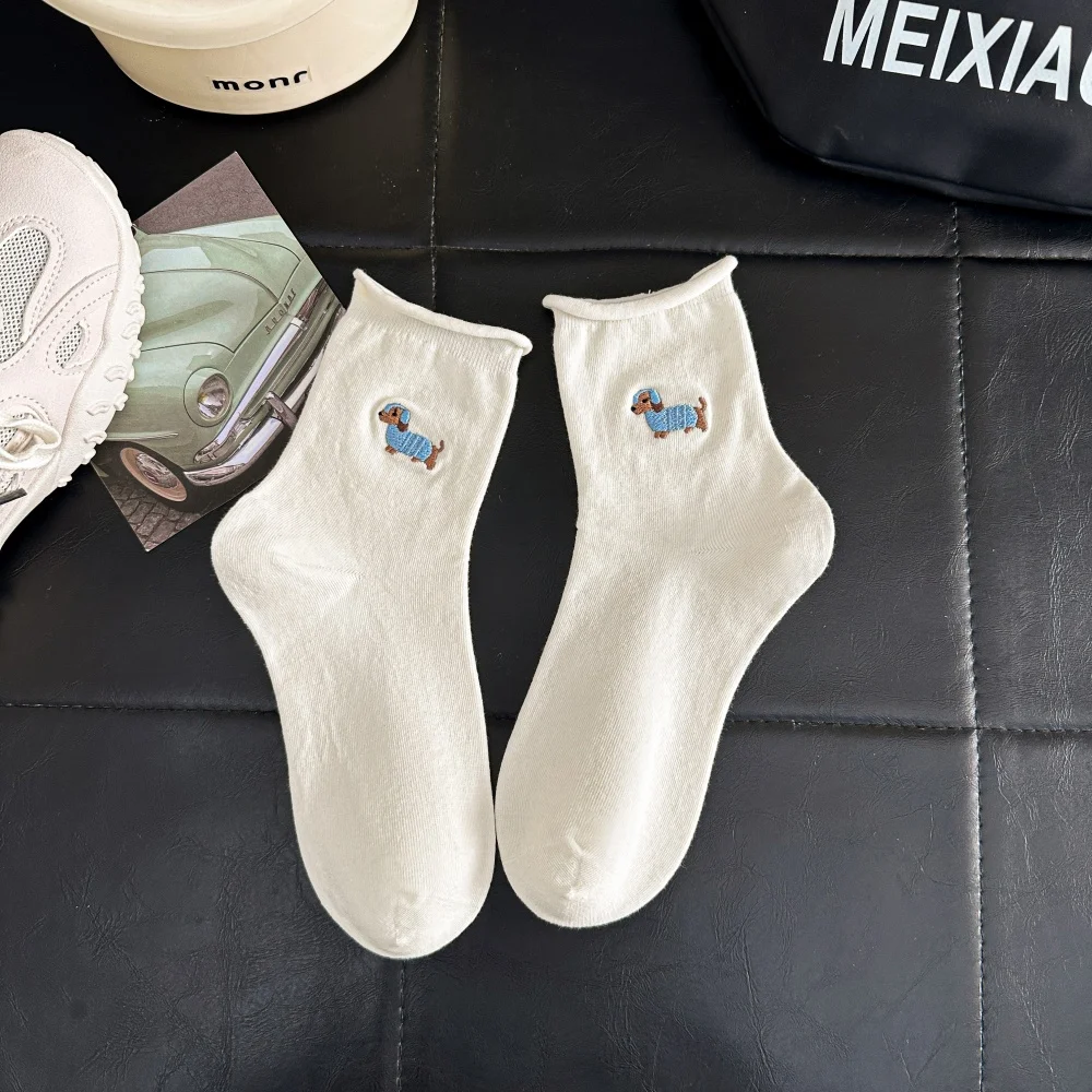Niedliche Mädchen-Socken mit Cartoon-Tier-Stickerei Hund Katze Weiße Socken Gekräuselte Weiche Locker Sitzende Socken Welpen Kätzchen – Detail 24