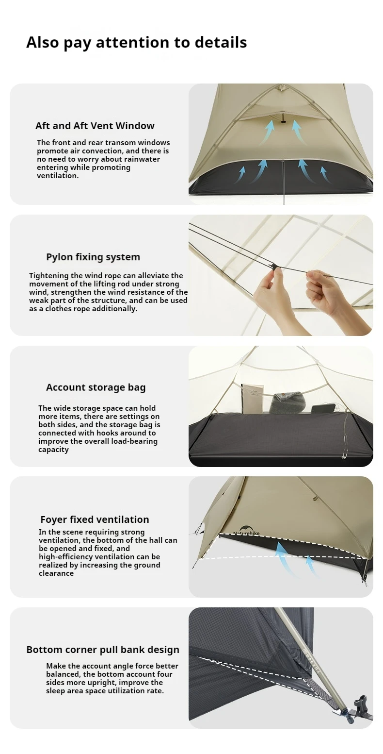 Naturehike New Mongar UL Campingzelt für 1-2 Personen, 15D Nylon, 3-Jahreszeiten-Zelt, wasserdicht, ultraleicht, tragbares Outdoor-Zelt mit Matte – Detail 14