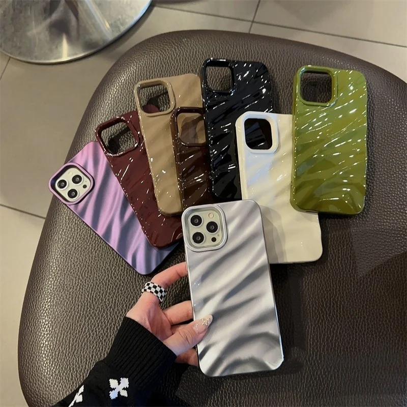 

Luxury Smooth Silk Pattern Case For IPhone 11 12 13 14 Pro Max XR XS X 6 7 8 Plus Cute Simple Solid Wave Pleat Shockproof Cover