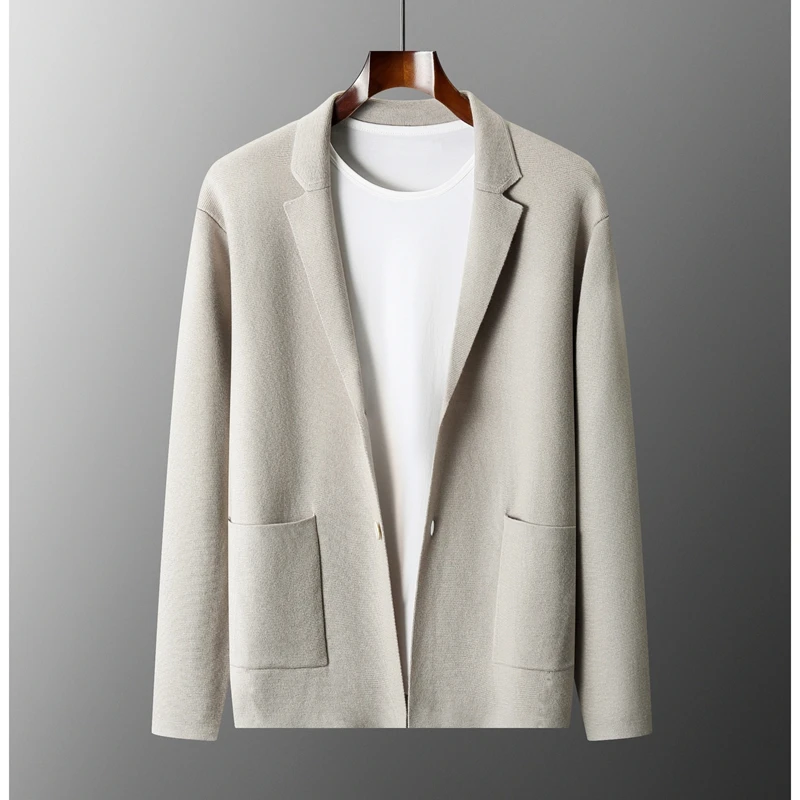 100% Merino Wool Men's Suit Collar Knitted Cardigan Autumn Winter Thickened Solid Color Suit Shirt Cashmere Jacket Sweater 3