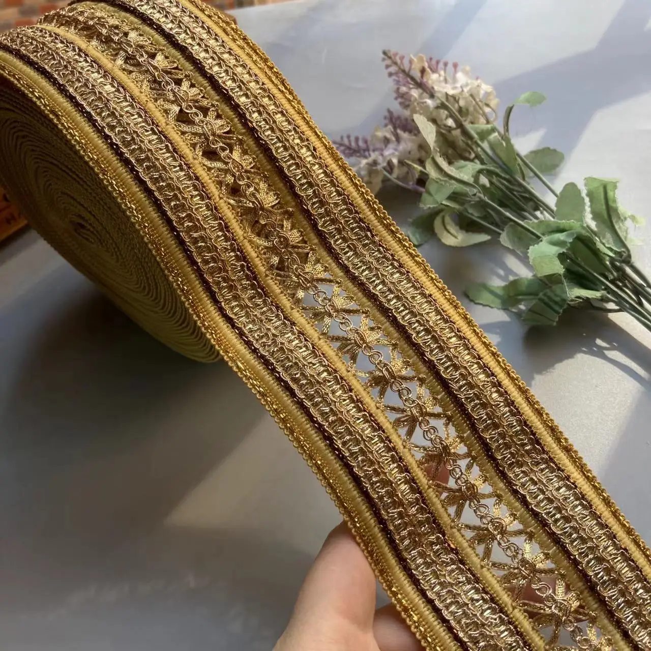 Yellow Rice Lace Trim Ribbon Ethnic Clothing Gold Thread Embroidery Sequin Fabric Jacquard Webbing Garment Accessories 1 Yard