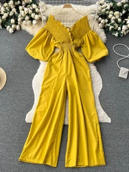 Summer Women V-Neck Wide Leg Ruffle Jumpsuits Female Sexy Puff Short Sleeve High Waist Slim Vacation Beach Romper Green/Pink/Red