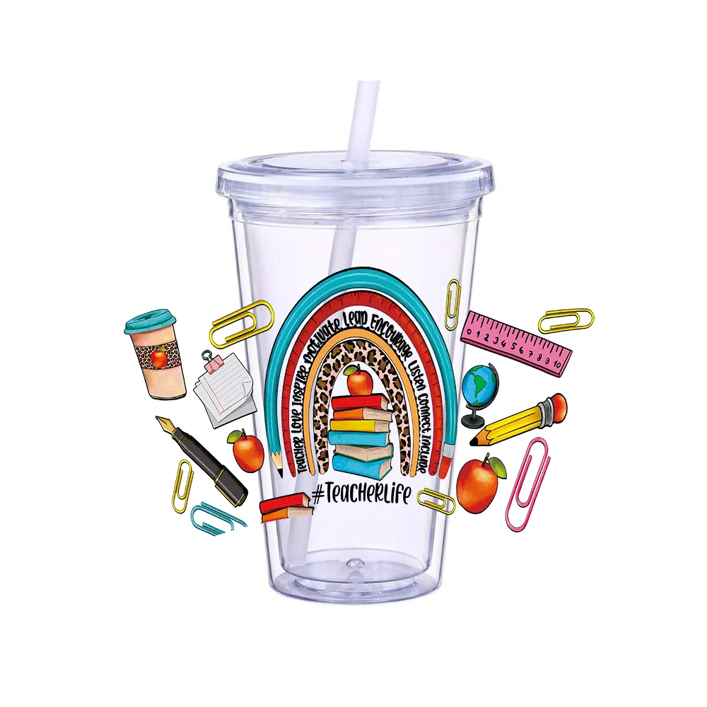 3D UV DTF Transfers teacher love Stickers, 24oz Cup Wraps,teacher life Printed for DIY Glass, Ceramic Metal Leather