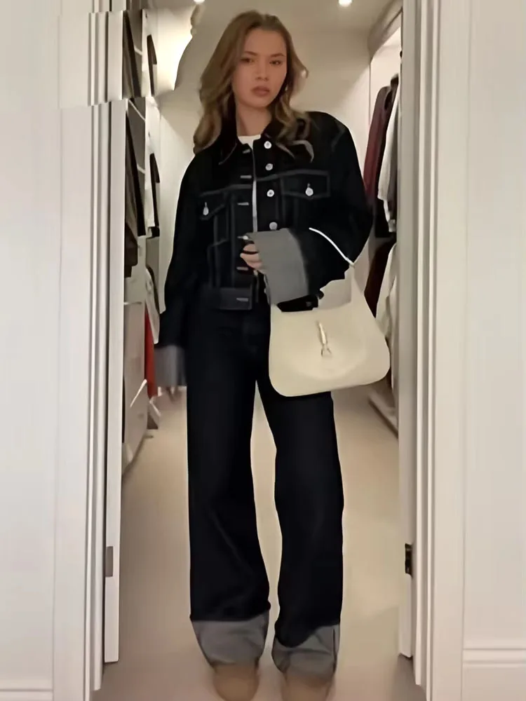 Herbst Mode Frauen Denim Hohe Taille Breite Bein Hosen + Weibliche Lange Hülse Mit Patten Taschen Abgeschnitten Mantel Zwei Stücke set