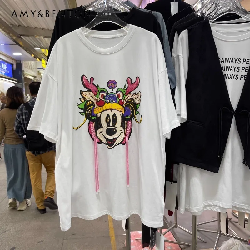 

Potdemiel Women's Clothing T-shirts 2024 Spring New National Style Cartoon Printed Cotton Loose O-Neck Creative Short Sleeve Top