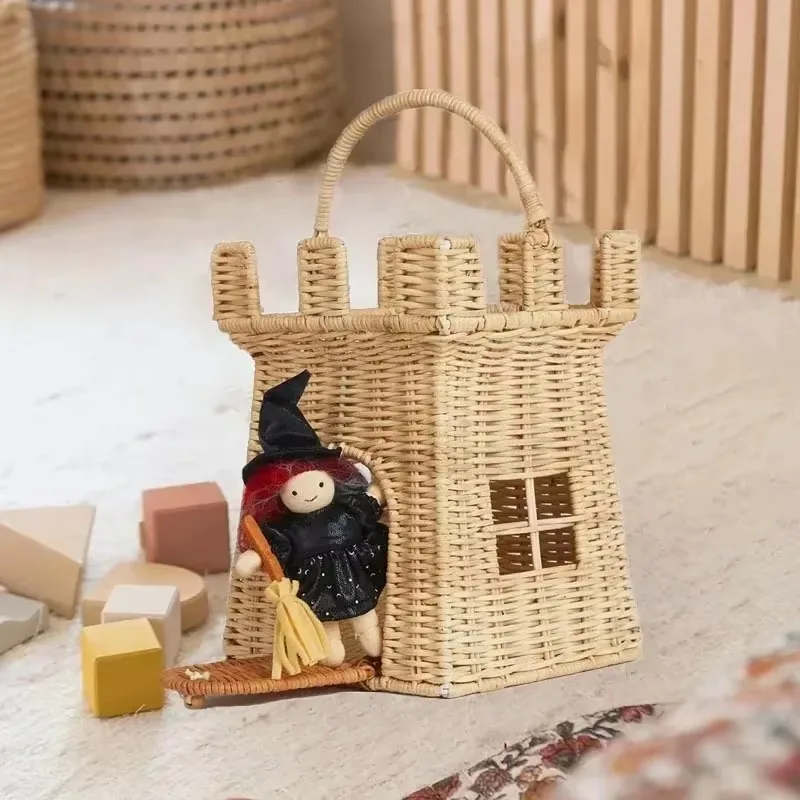 Rattan Woven Tote Bag Castle Mushroom Basket Portable Straw Storage Boxes Bohemian Vacation Picnic Baskets Kids Toys Organizer 5