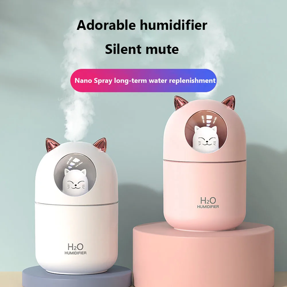 300ML USB Air Humidifier Ultrasonic Cool Mist Maker Fogger with Colorful Lamp Cute Cat Mini Aroma Diffuser Humidificador Difusor