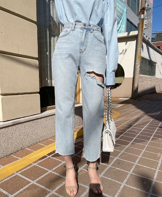 

Broken straight leg jeans female summer thin 2023 new high waist stretch thin nine points beggar pants small man