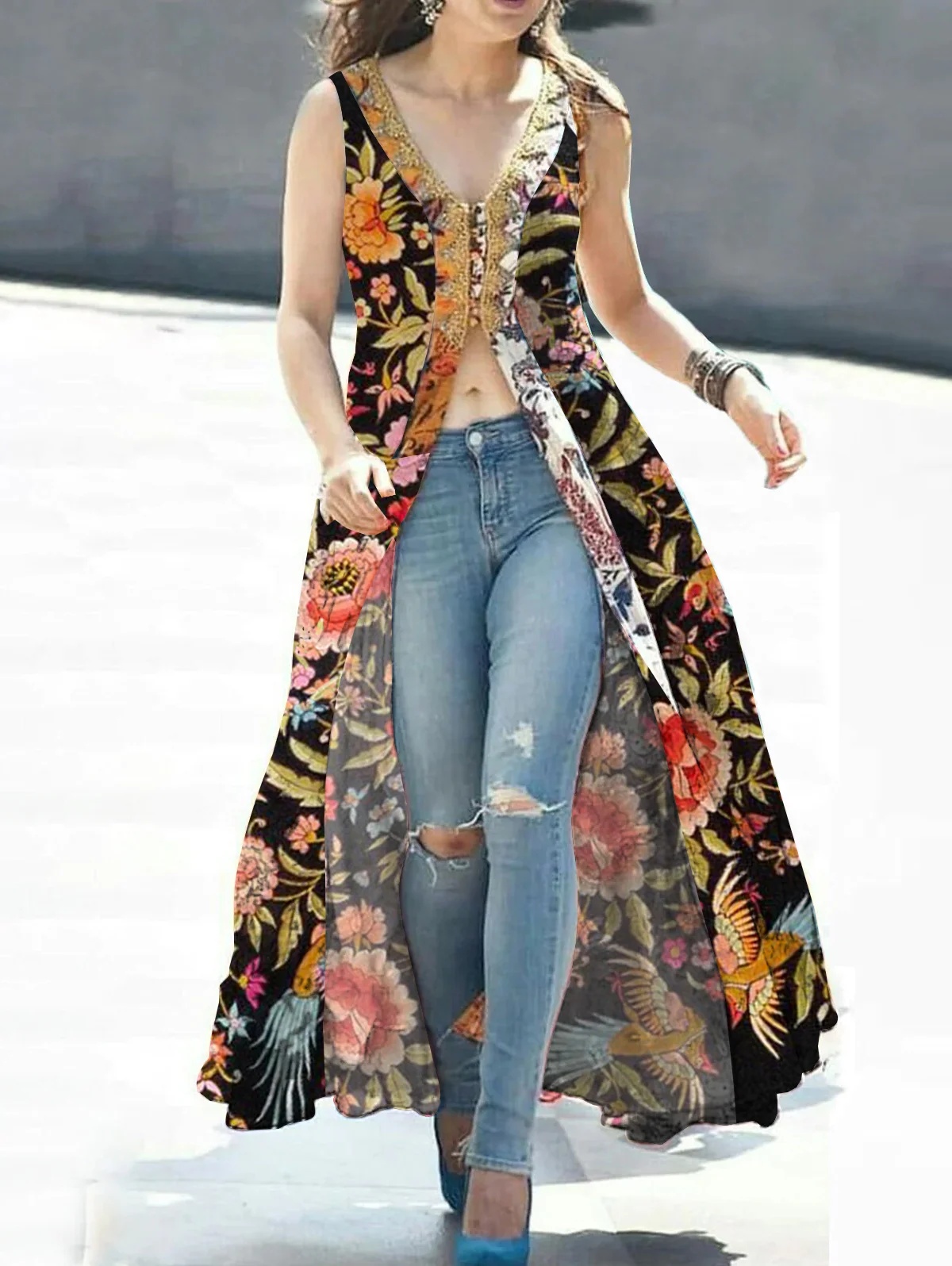 thumbnail image 1 of Vestido sexy con escote en V profundo para mujer, vestido maxi con abertura alta y estampado floral étnico, sin mangas, para fiesta de primavera, 1 of 5