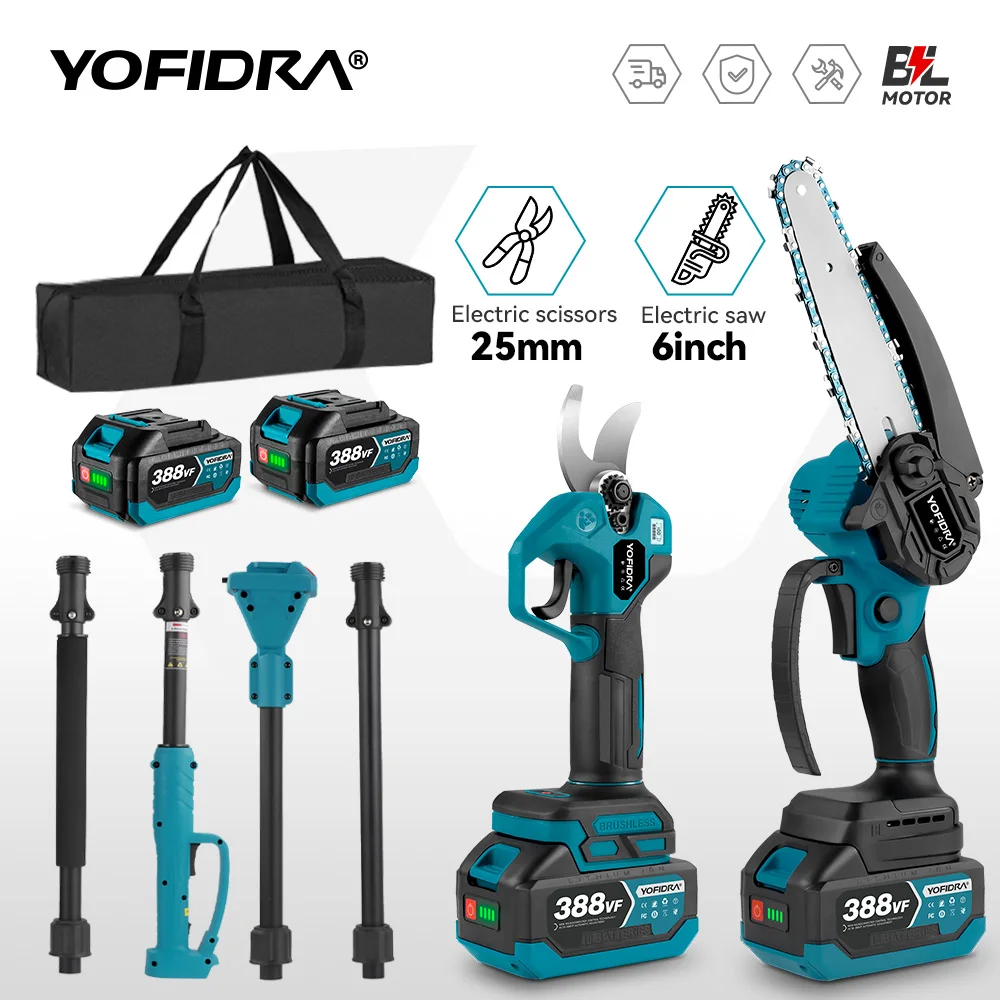 YOFIDRA Brushless Electric Chainsaw, telescoping pole high scalable pruner shear garden tool compatible with Makita 18V battery pin