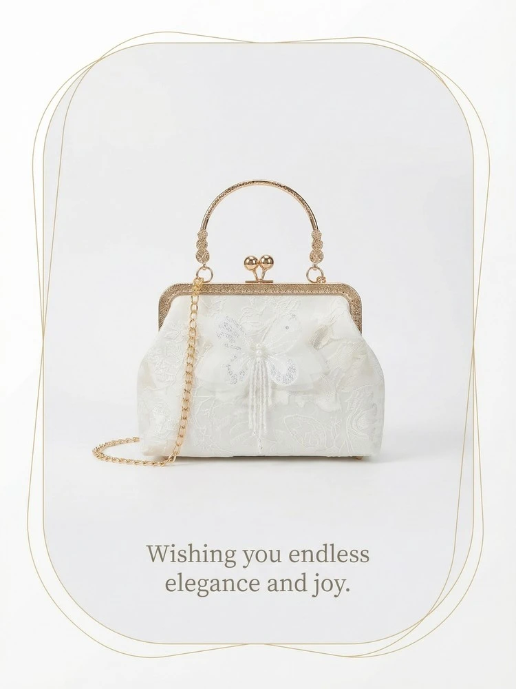 Chinese Style Butterfly Embroidery Clutch Vintage Lace Kiss Lock Handbag Elegant Evening Bag with Gold Chain for Women