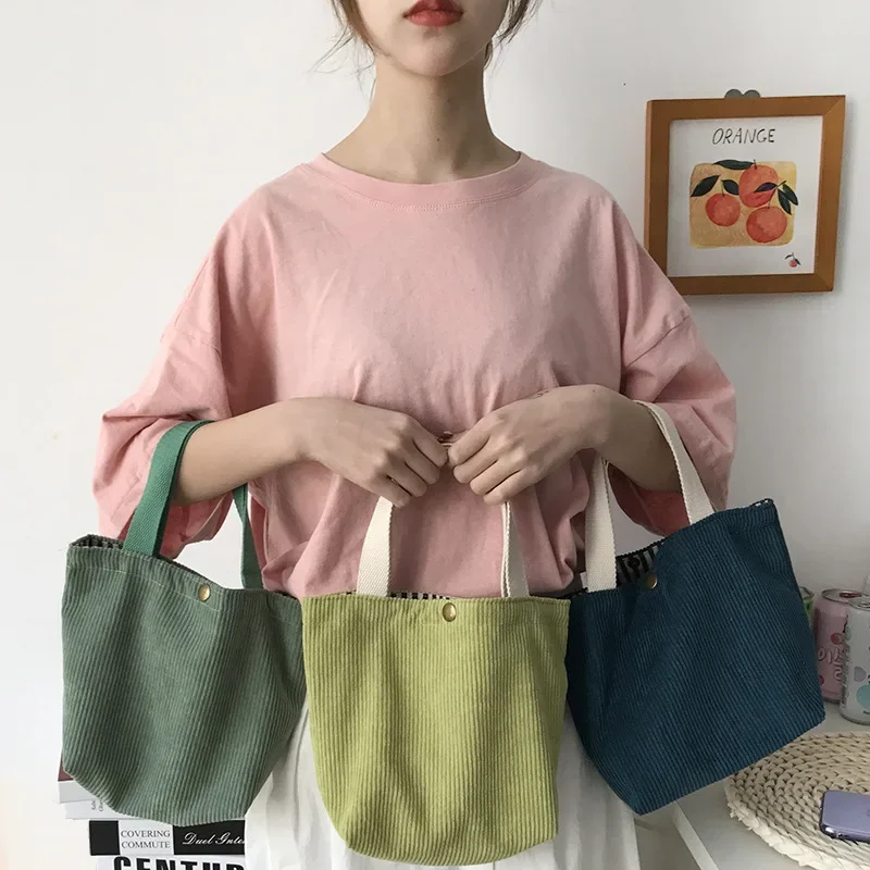 Small Corduroy Lunch Bag Women Eco Canvas Portable Tote Bags Mini Female Students Bento Picnic Food Bag Travel Handbags lunch bag bento bag