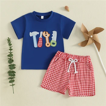 Baby Kids Boys Summer Outfits Tool Embroidery Short Sleeves T-Shirt and Elastic Plaid Shorts Set for 2 Piece Clothes Set
