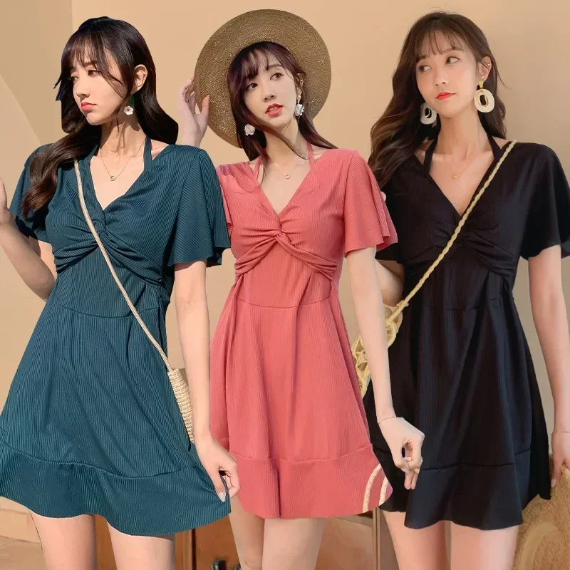 Plus Size Korean Mesh Lace Long Sleeve Bathing Suit One Piece Tankinis Women Dresses