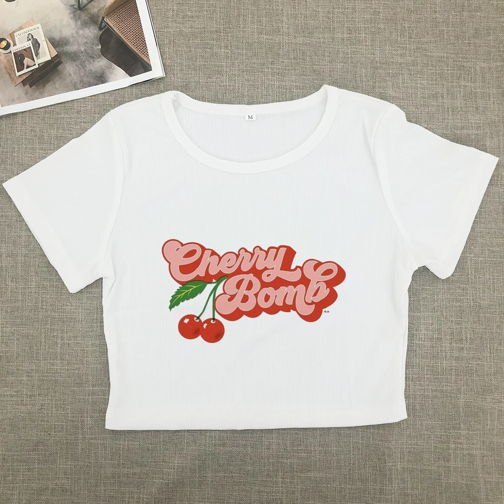 Short-sleeved T-shirt Women Summer cherry letter print short-sleeved top Spice Girls wearing crop short slim-fit street style