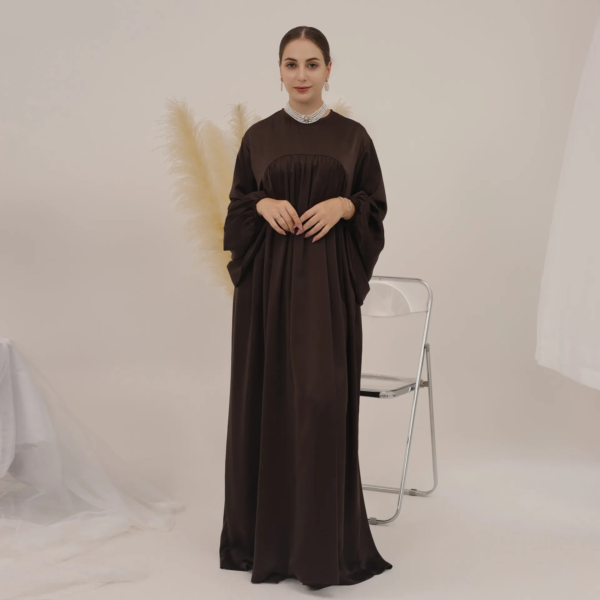 Plain Abayas Women Satin Muslim Long Dress Lantern Sleeve Loose Prayer Abaya Dubai Turkey Kaftan Ramadan Islamic Clothing Jilbab