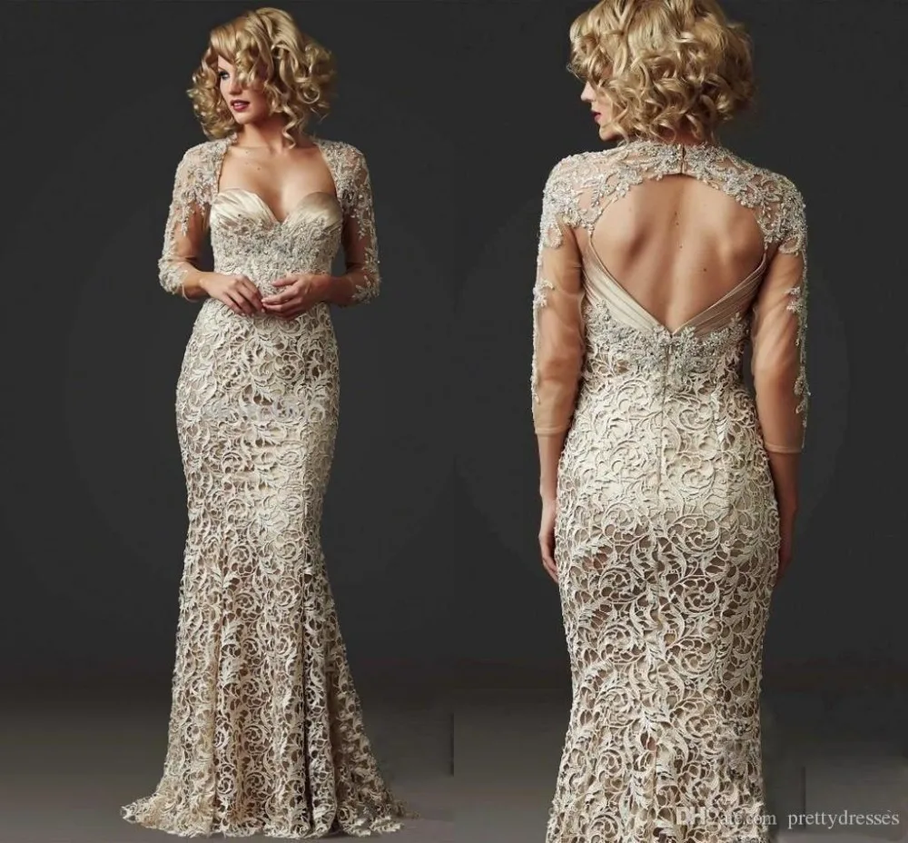 

handmade Fashion Long Sleeves Floor Length Brides dark gray lace beads crystal backless Mother of the Bride Dresses for Weddings