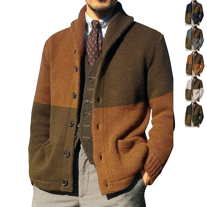 

Autumn Winter Men's Knit Sweater Cardigan Patchwork Lapel Single-Breasted Long Sleeve Coat Fashion Male Thick Warm Outerwear