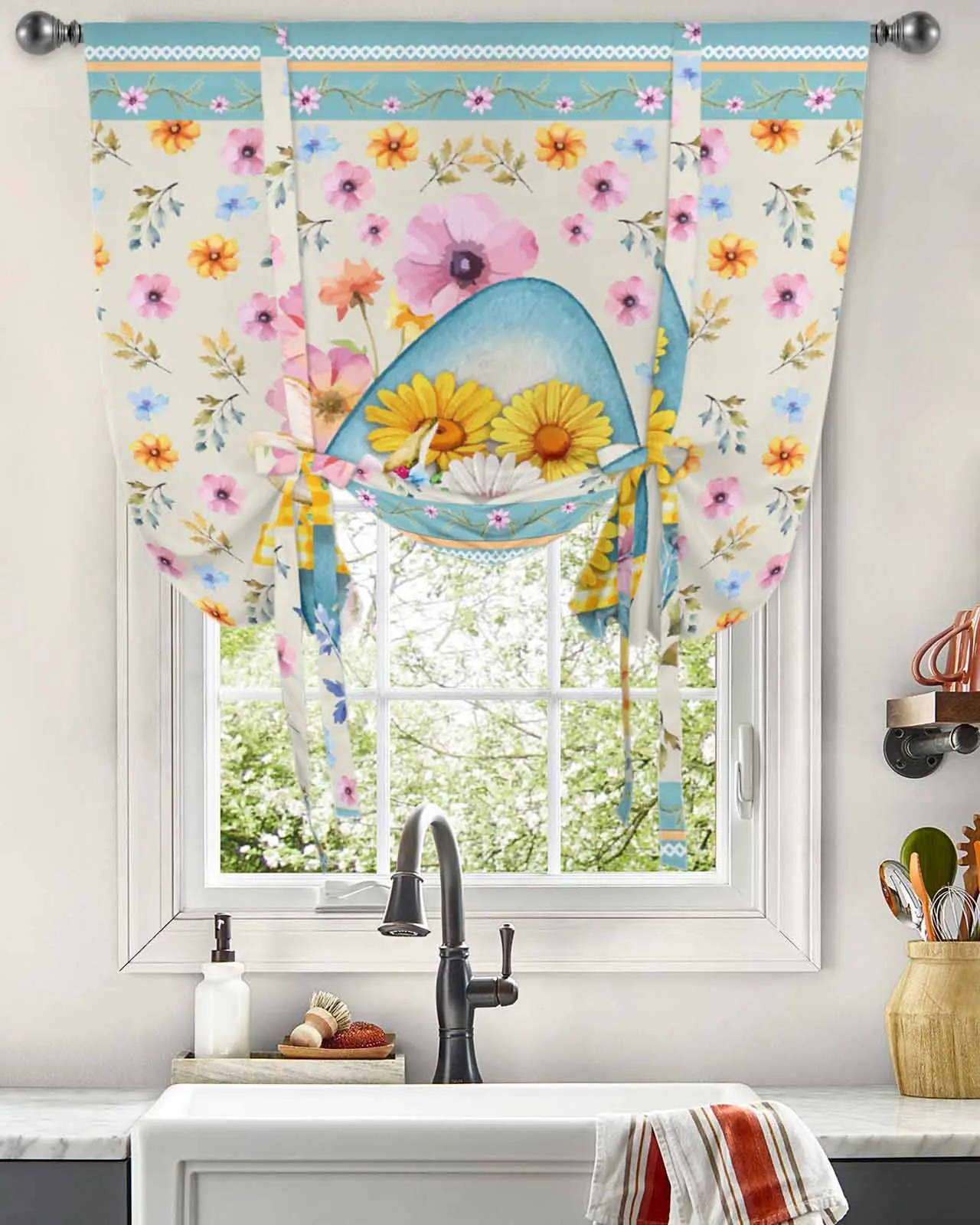 

Easter Retro Bunny Eggs Flowers Blue Window Curtain for Living Room Adjustable Curtains for Kitchen Cafe Tie Up Short Drapes