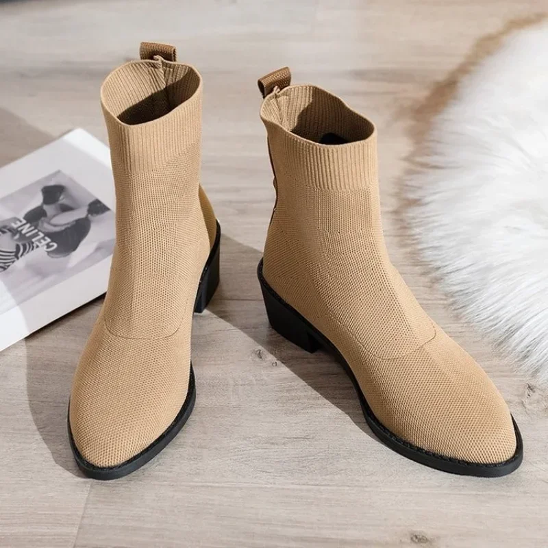 2023 Ankle Boots for Women Autumn Fashion Pointed Toe Women's Boots Comfort Low Heel Elastic Fabric Socks Boots Zapatos De Mujer