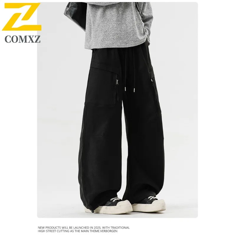 COMXZ 2025 Autumn New Unisex American Cargo Bending knife pants Multi-Pocket Streetwear Hong Kong Trendy Loose Casual Trousers