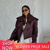 Chic Burgundy Cropped Leather Jacket For Women Elegant Lapel V Neck Long Sleeve Pockets Short Coat 2024 Female Fashion Outerwear 1