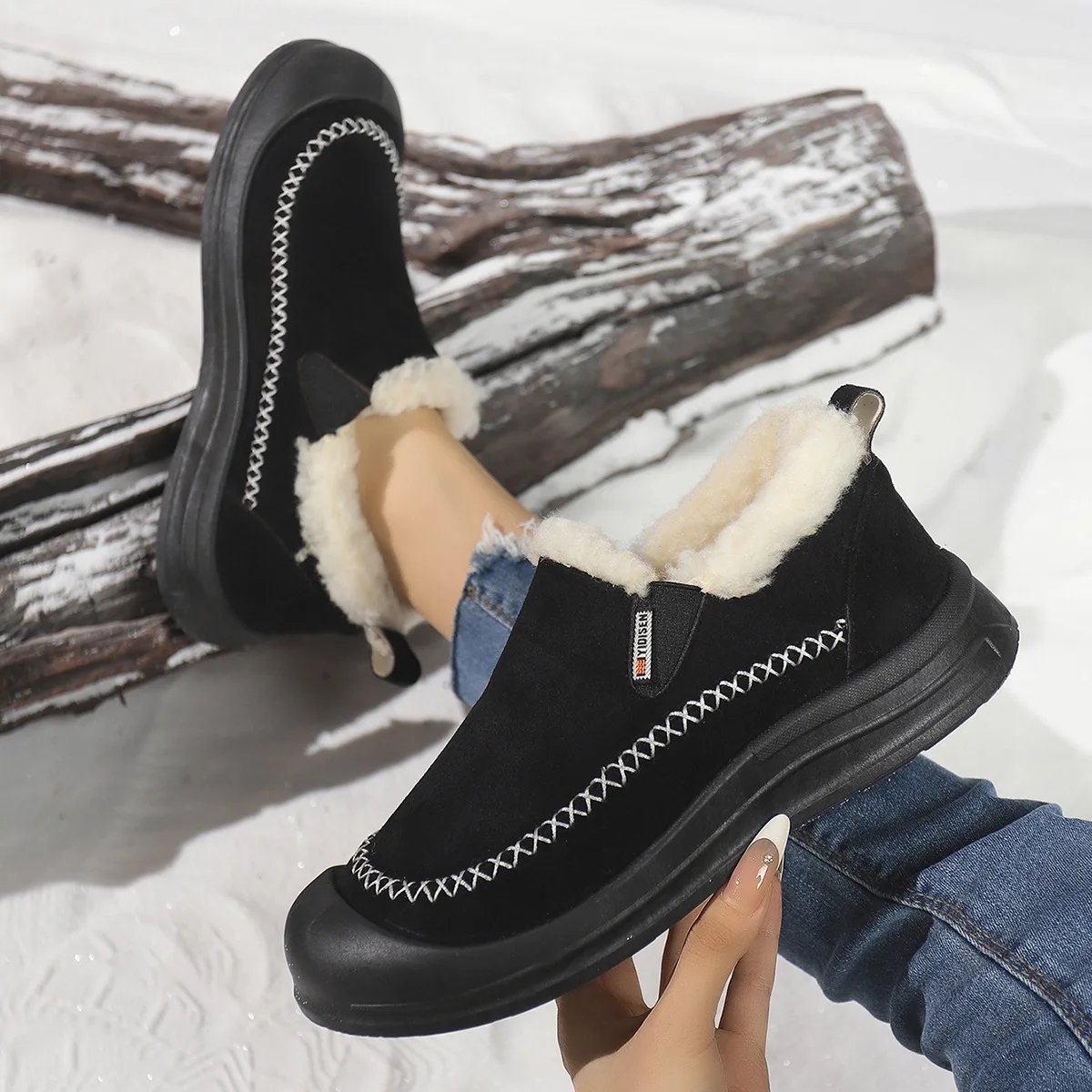 Damen-Slip-on-Baumwollschuhe, 2025, Winter, neuer Plüsch, verdickt, Outdoor, lässig, warme Schuhe, modisch, Vintage, rutschfest, bequem, Schneestiefel – Detail 27