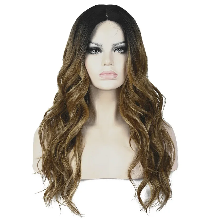 

Women's Long Ombre Black Mixed Dark Brown With Root Curly Synthetic Hair Wigs