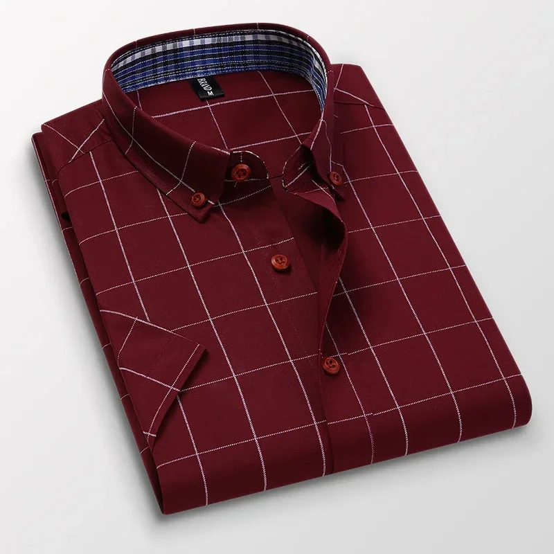 Summer Mens Shirts Short Sleeve Plaid Shirt Slim Casual Button Up Shirt Dress Shirts Men Cotton Big Size Men Clothing