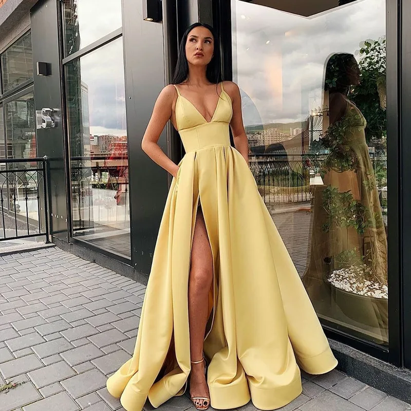 2024 Sexy V Neck Satin Dresses Spaghetti Strap Side Slit Prom High Waist Evening Gowns Party Dress Robe De Soiree Banquet