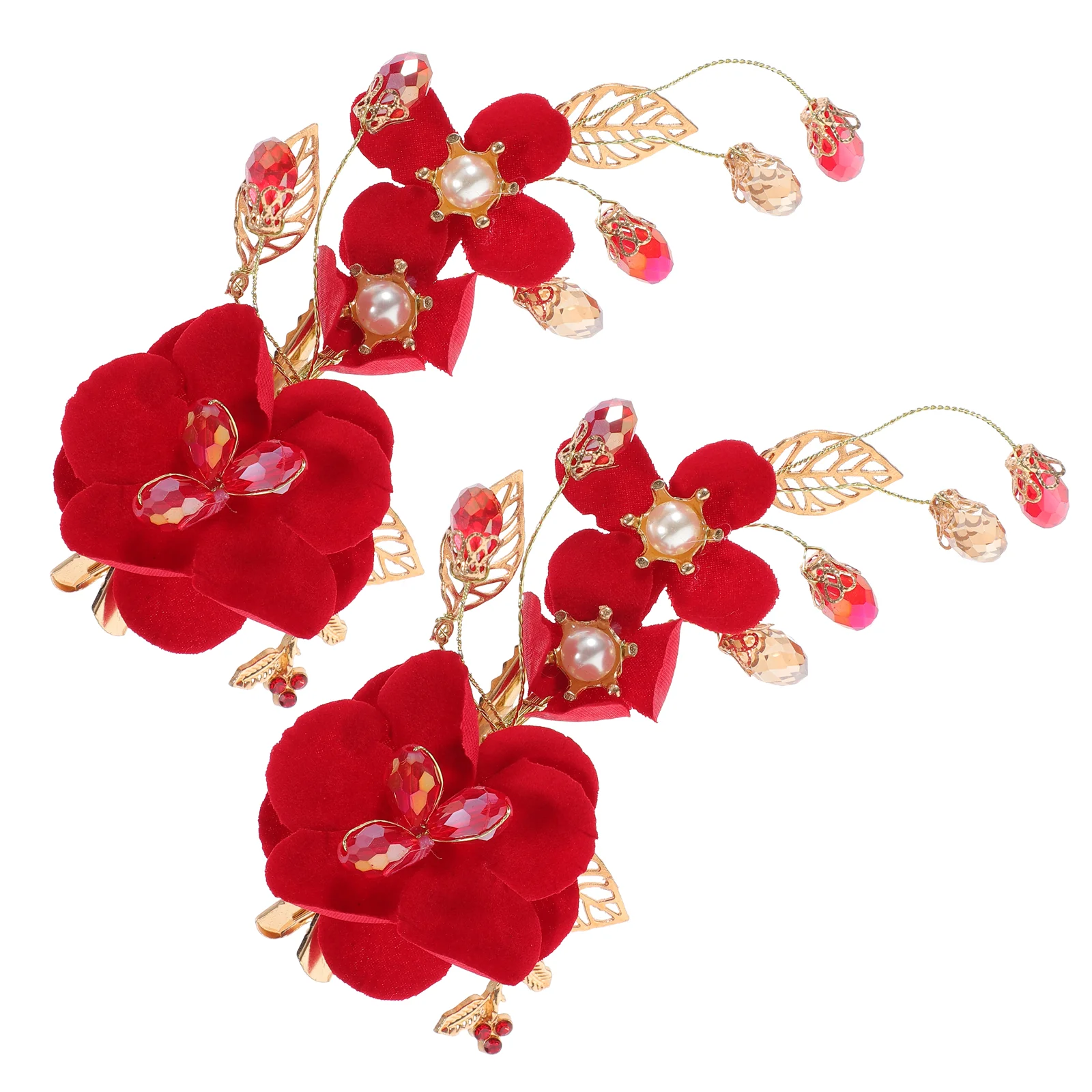 

2 Pcs Red Hairpin Bridesmaid Accessories Headpieces for Wedding Bridal Clips Flower Tiara Chinese Style Rhinestones Headdress