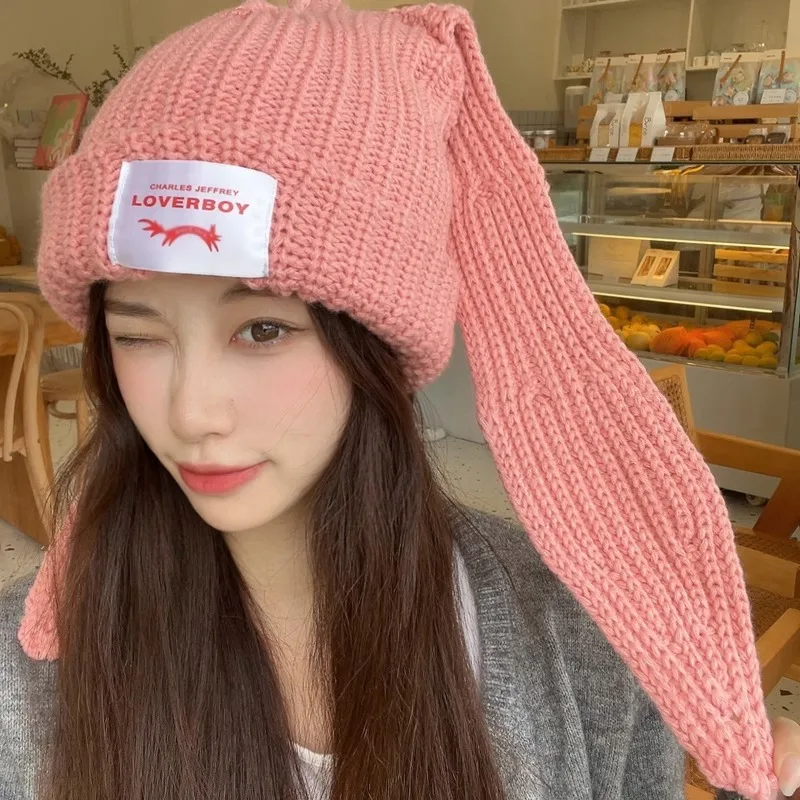 Rabbit Ears Knitted Woolen Hat Winter Thick and Warm Lambhair Ski Mask Beanie Hat for Women Balaclava Mask Beanies for Women 4
